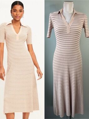 Ann Taylor Loft Polo Dress Beige Brown Striped Ribbed Knit Midi XS